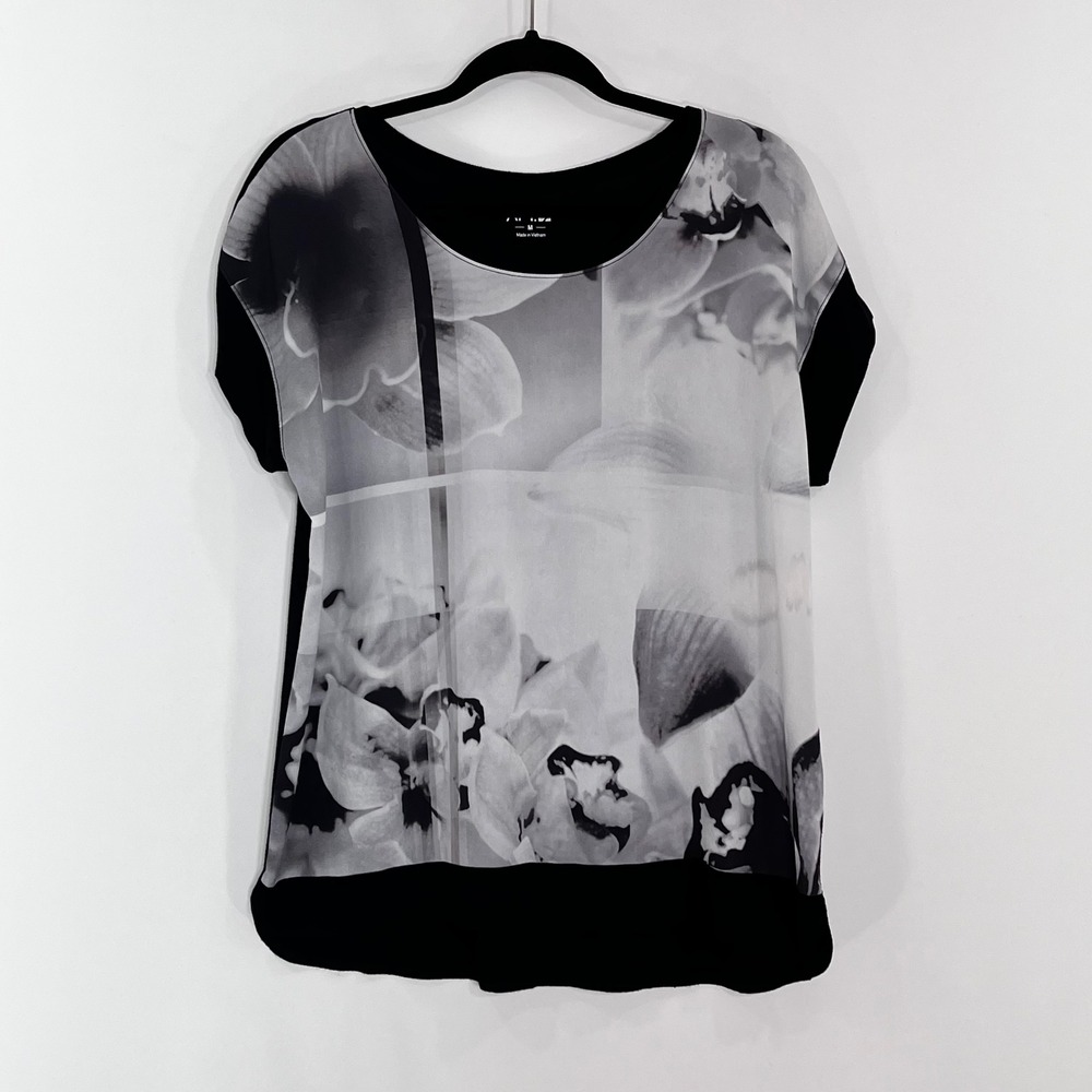 Apt. 9 Womens Black Gray Floral Mixed Media Scoop Neck Short Sleeve Top M
